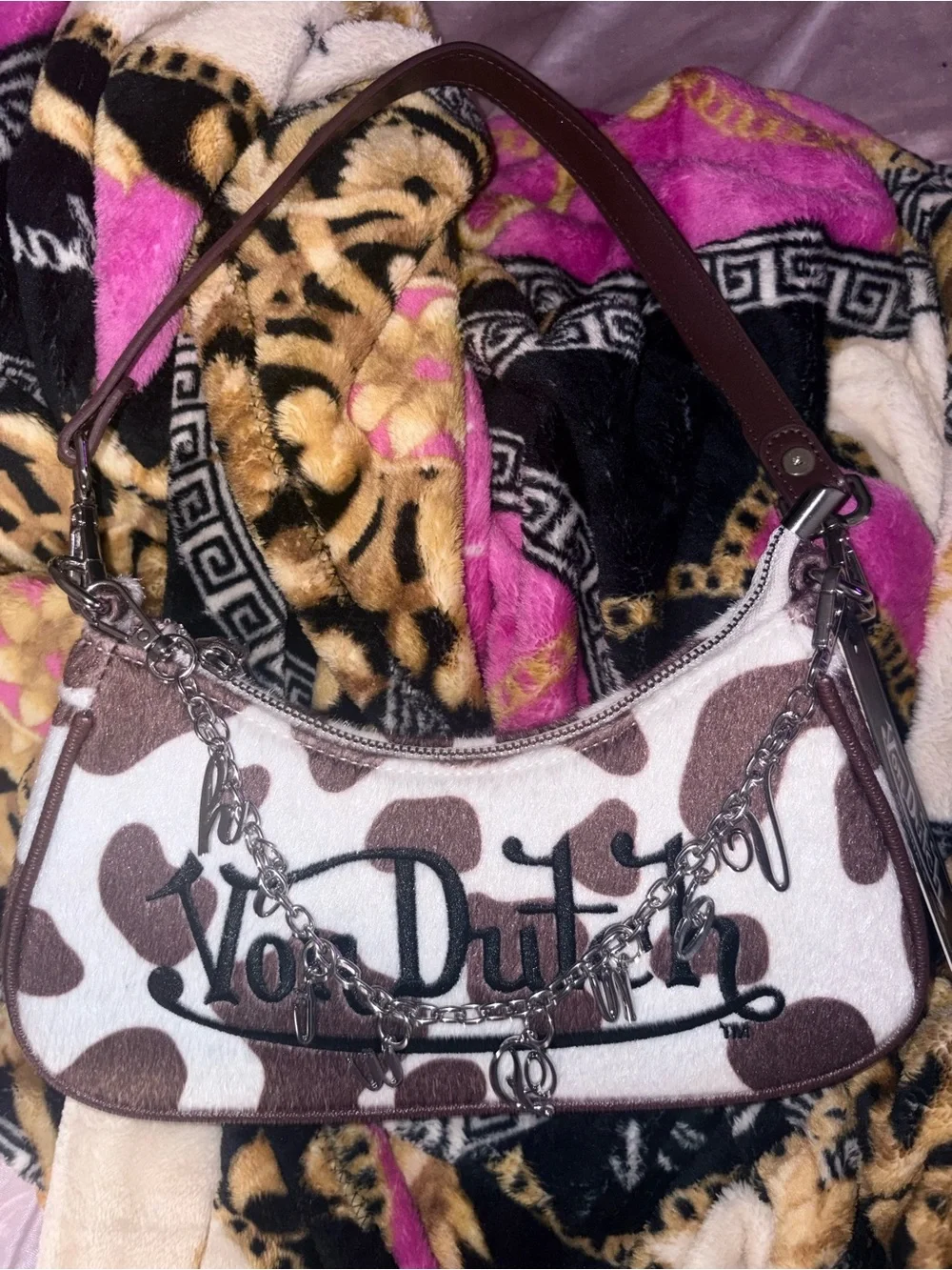 Von Dutch Brown & White Cowprint Shoulder Bag with Silver Chain